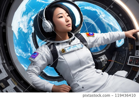 Asian woman in space suit, an astronaut floating inside the Space Station, surrounded by high-tech equipment and instruments. Cosmonaut in space suit work on the space station. Space research.. AI 119436410