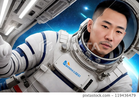 Portrait of Asian man in space suit, astronaut floating inside Space Station, surrounded by high-tech equipment and instruments. Cosmonaut in space suit work on the space station. Space research.. AI 119436479