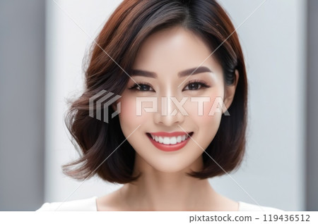 Fashion Portrait of Young asian woman with long black hair style wearing casual linen clothing on grey background. AI 119436512
