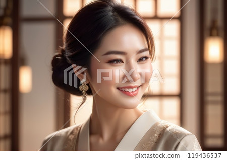 Fashion Portrait of Young asian woman with long black hair style wearing casual linen clothing. AI 119436537