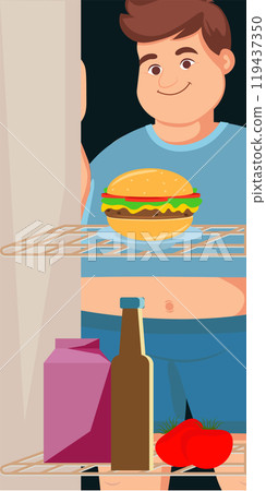 The fat man in front of the refrigerator is looking at a hamburger. Bottle, milk and tomatoes inside the refrigerator. 119437350