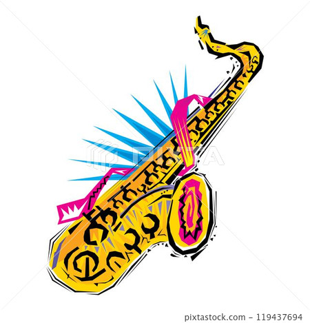 Golden saxophone on white background in cartoon style isolated vector Golden saxophone on white background in cartoon style isolated vector 119437694
