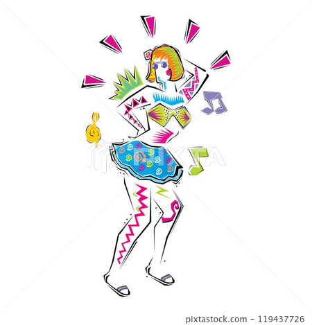 Active Jumping and Dancing Young Woman. Abstract Music Banner. Active Jumping and Dancing Young Woman. Abstract Music Banner. 119437726