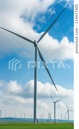 Wind farm working on a bright sunny day.Renewable energy concept Wind farm working on a bright sunny day.Renewable energy concept 119437900