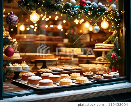 Cake shop decorated for Christmas with Christmas lights and ornaments. 119438004