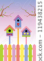 Multicolored birdhouses on spring background 119438215