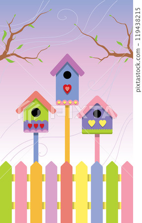 Multicolored birdhouses on spring background Multicolored birdhouses on spring background 119438215