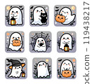 9 Halloween stickers with funny baby ghosts. Design for halloween-themed cards, posters, stickers and seasonal decorations.  119438217