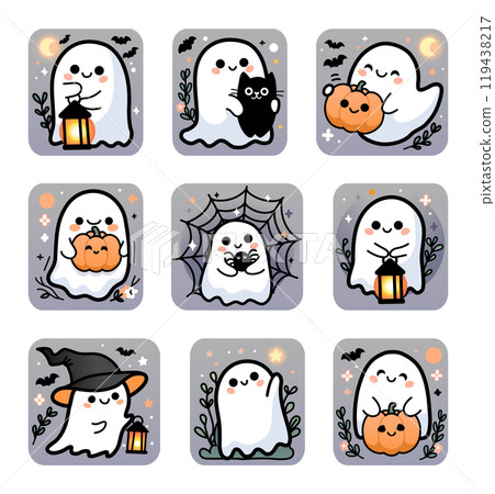 9 Halloween stickers with funny baby ghosts. Design for halloween-themed cards, posters, stickers and seasonal decorations.  119438217