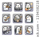 9 Halloween stickers with funny baby ghosts. Design for halloween-themed cards, posters, stickers and seasonal decorations.  119438218