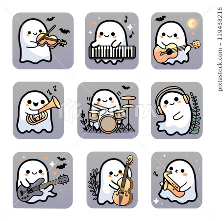 9 Halloween stickers with funny baby ghosts. Design for halloween-themed cards, posters, stickers and seasonal decorations.  119438218