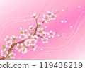 Blossoming cherry branch with flying petals on a pink background  119438219