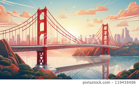 Vibrant digital art of the Golden Gate Bridge at sunset with reflection Vibrant digital art of the Golden Gate Bridge at sunset with reflection 119438486