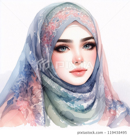 Watercolor painting of a person with a floral scarf Watercolor painting of a person with a floral scarf 119438495