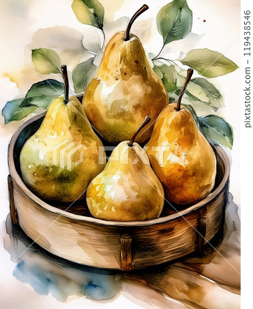 Watercolor pears in a wooden bowl evoke rustic charm 119438546