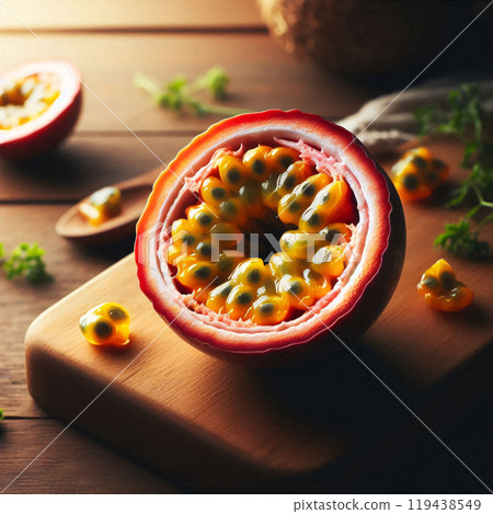 A passion fruit cut in half, revealing its vibrant interior with seeds and pulp, on a wooden cutting board 119438549