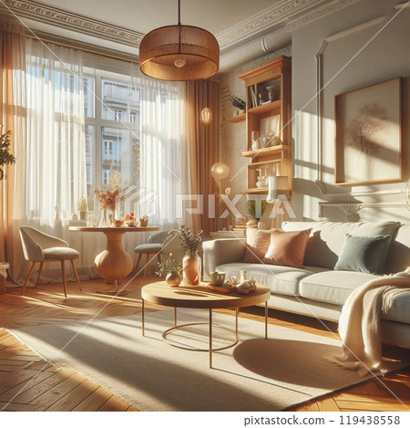 Cozy living room with modern decor and warm lighting 119438558