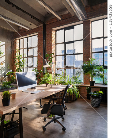 Sunlit modern office with plants and a computer setup 119438559