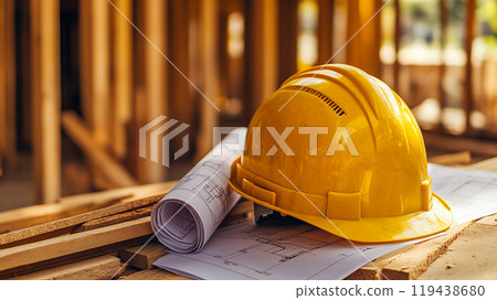Construction site blueprints and safety helmets 119438680