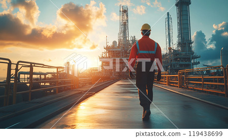 Industrial landscape with workers walking through the plant 119438699