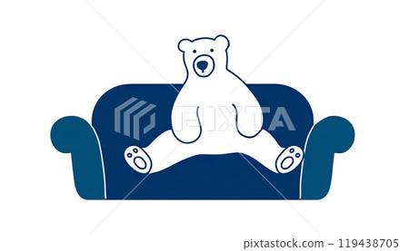 一隻北極熊在沙發上以懶惰的姿勢放鬆的插圖,白色背景上的剪紙 一隻北極熊在沙發上以懶惰的姿勢放鬆的插圖,白色背景上的剪紙 119438705