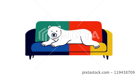 Illustration of a polar bear relaxing in a sloppy pose on a sofa, cutout on white background Illustration of a polar bear relaxing in a sloppy pose on a sofa, cutout on white background 119438709
