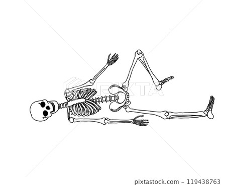 以草率姿勢躺下的骨架插圖，白色背景、設計、白色背景、摳圖。 119438763