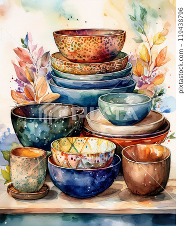 Vibrant watercolor painting of stacked bowls with intricate patterns 119438796