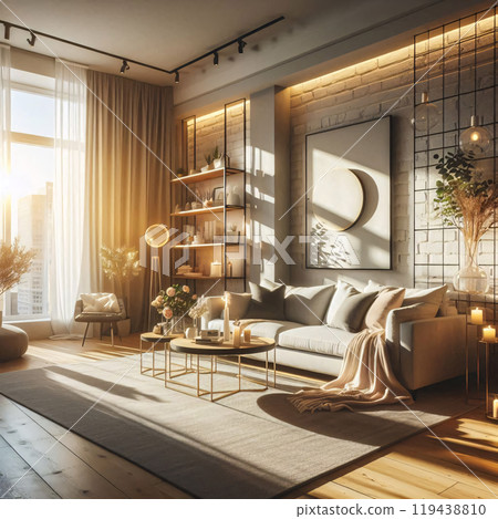 Sunlit modern living room with stylish decor and cozy ambiance 119438810