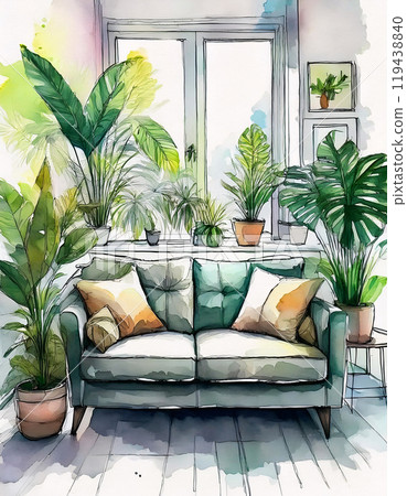 Watercolor interior sketch of a cozy living room with plants 119438840
