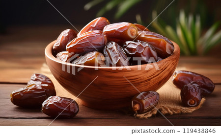 Luscious dates in a wooden bowl with a soft glow, evoking natural sweetness 119438846