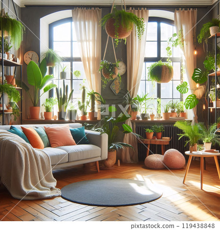Lush indoor garden with cozy sofa and sunlight 119438848