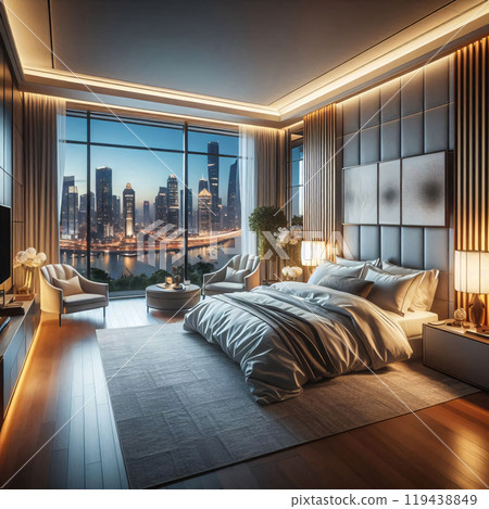 Luxurious bedroom with cityscape view through large window at dusk 119438849