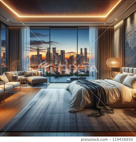 Luxurious bedroom with cityscape view through large window at dusk Luxurious bedroom with cityscape view through large window at dusk 119438850