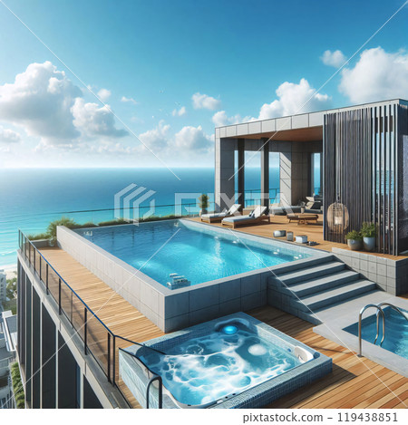 A luxurious penthouse with an infinity pool and hot tub overlooking the ocean A luxurious penthouse with an infinity pool and hot tub overlooking the ocean 119438851