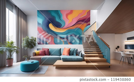 Modern interior with vibrant mural, staircase, and chic decor 119438860