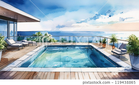 Watercolor penthouse view with pool overlooking cityscape 119438865