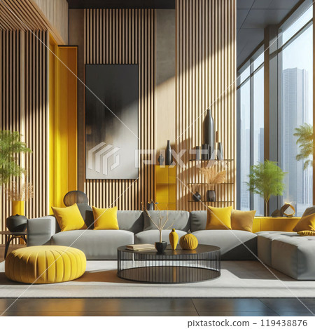 A modern living room features a yellow sofa, armchair, and a large abstract painting 119438876