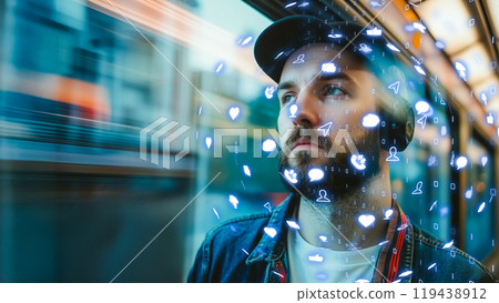 Close-up of a man with virtual social media icons floating around his face Close-up of a man with virtual social media icons floating around his face 119438912