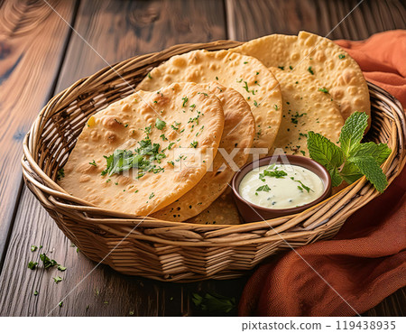 Golden brown fried turnovers in a basket with a side of white sauce 119438935