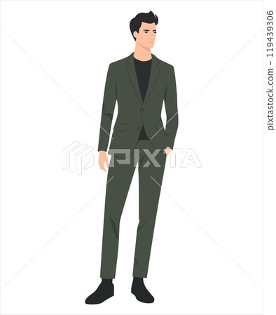 Vector illustration of a man in a dark green suit with a black shirt underneath. Formal and elegant style 119439306