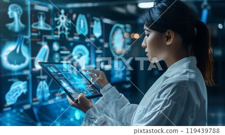 Bio technology by using AI datum machine for CT Scan and analysis. Datum futuristic healthcare concepts. 119439788