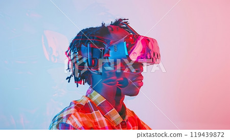 Wearing VR goggles using simulation device, double exposure on online cyber lifestyle. 119439872