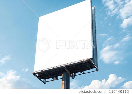 Outdoor pole billboard on blue sky background with mock up white screen and clipping path 119440113