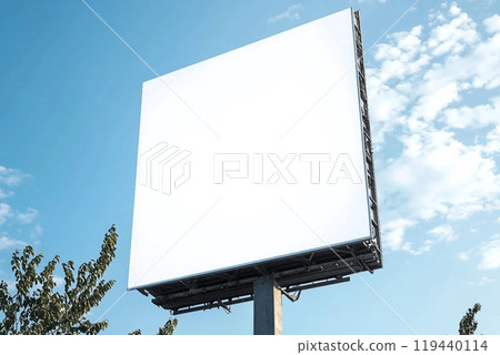 Outdoor pole billboard on blue sky background with mock up white screen and clipping path 119440114