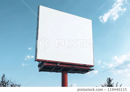 Outdoor pole billboard on blue sky background with mock up white screen and clipping path 119440115
