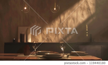 Minimal dining room in Scandinavian style. Cozy and bright Minimal dining room in Scandinavian style. Cozy and bright 119440180