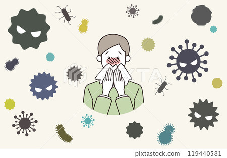 Illustration of a male patient suffering from a cold virus 119440581