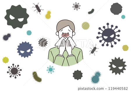 Illustration of a male patient suffering from a cold virus (white background/transparent background) 119440582