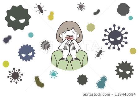 Illustration of a female patient suffering from a cold virus (white background/transparent background) 119440584